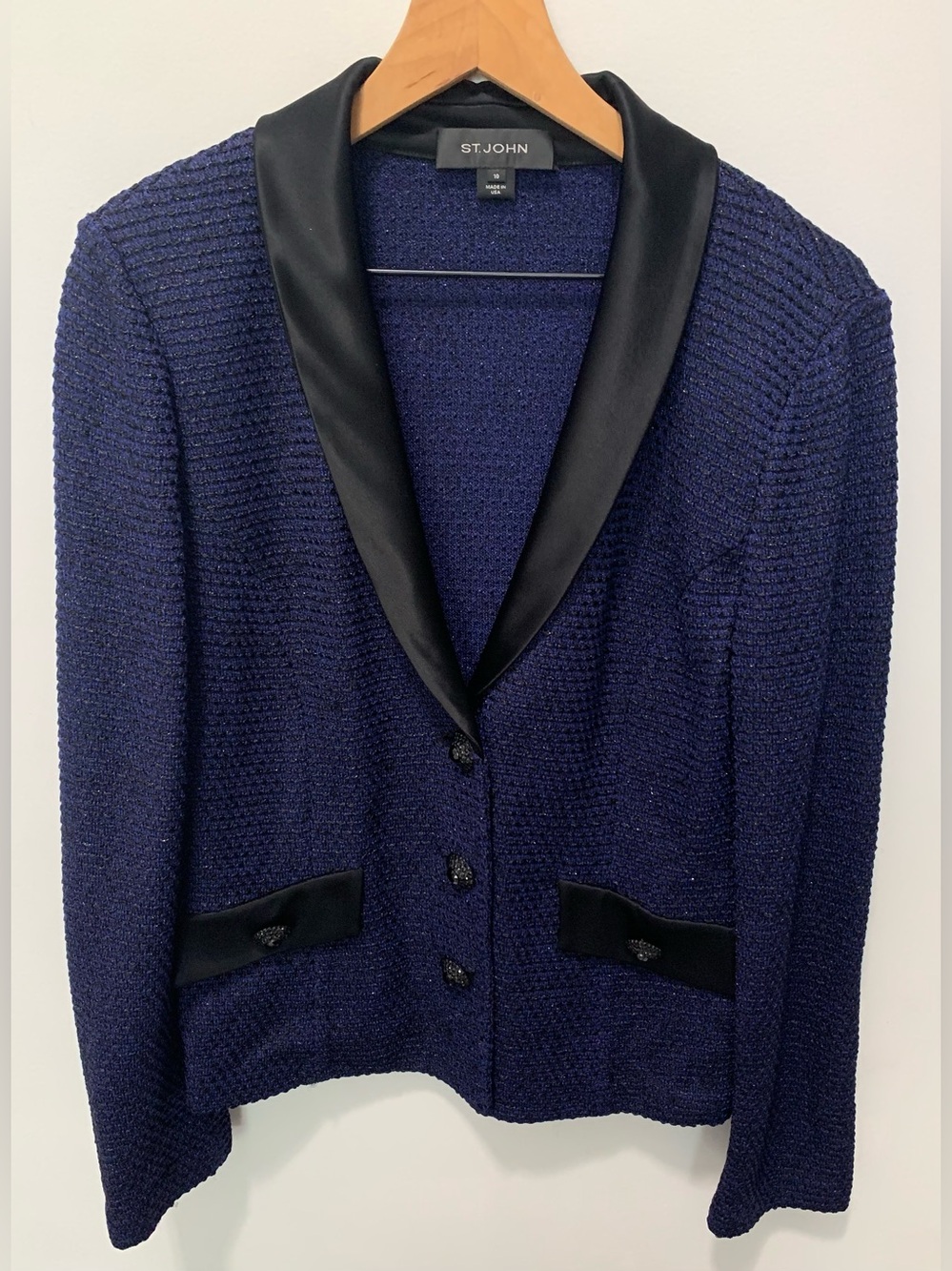 St. John Textured Tuxedo Jacket Blue Black Size 10
